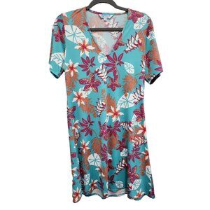 Escapada Living Womens T-Shirt Dress Medium Blue Floral Short Sleeve Beach BOHO
